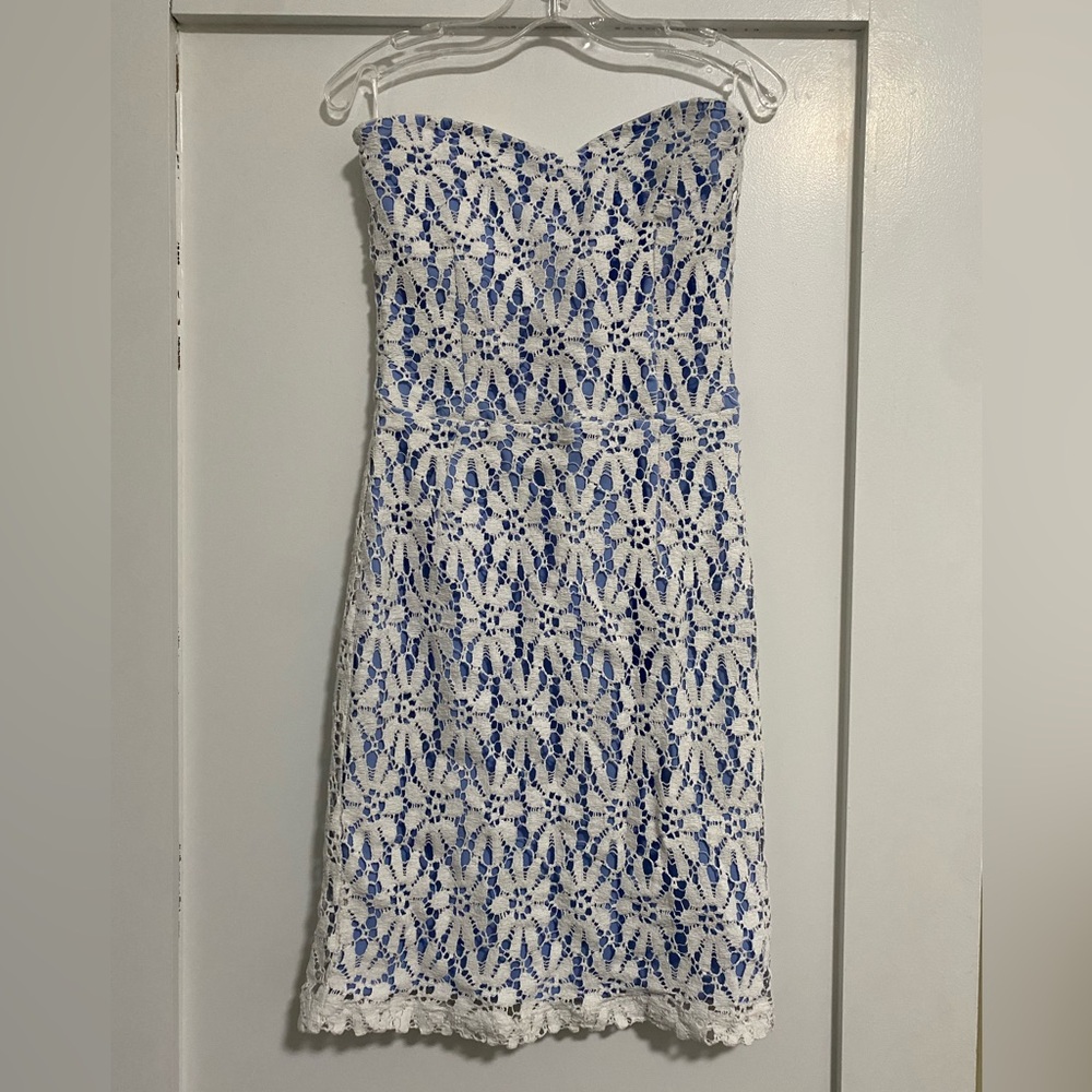 Aqua Brand Blue and White Lace Strapless Mini Dress